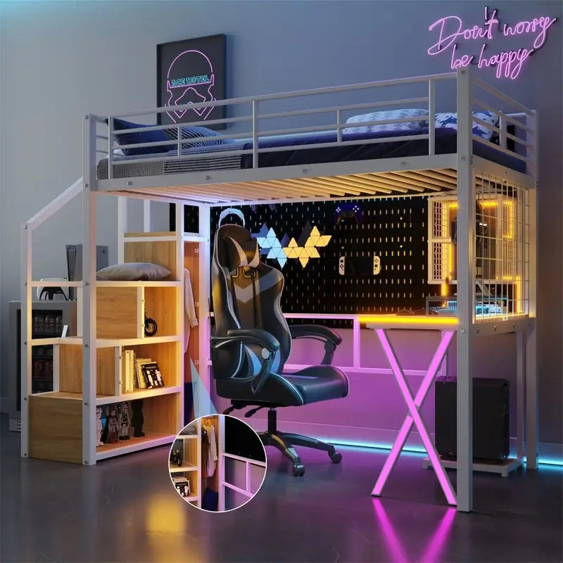 Lit mezzanine deux places/lit double avec bureau intégré, armoire et escalier de rangement, cadre de lit mezzanine en métal avec éclairage LED et grille métallique