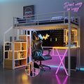 Lit mezzanine deux places/lit double avec bureau intégré, armoire et escalier de rangement, cadre de lit mezzanine en métal avec éclairage LED et grille métallique