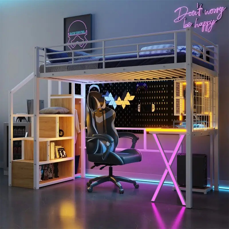 Cama alta de tamaño individual/matrimonial con escritorio, armario y escalera de almacenaje integrados, estructura metálica con luz LED y rejilla metálica