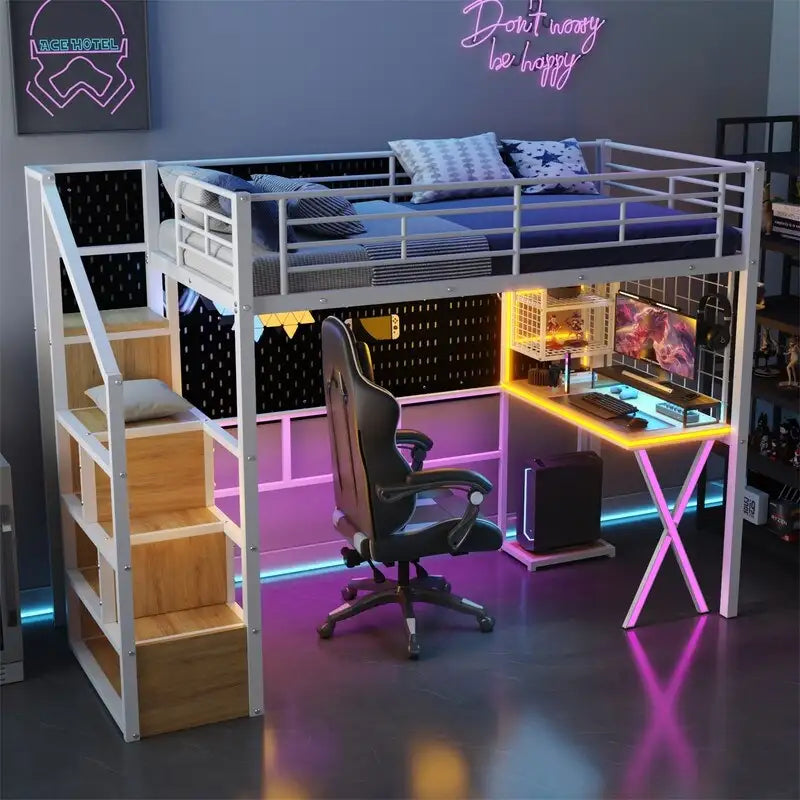 Lit mezzanine deux places/lit double avec bureau intégré, armoire et escalier de rangement, cadre de lit mezzanine en métal avec éclairage LED et grille métallique