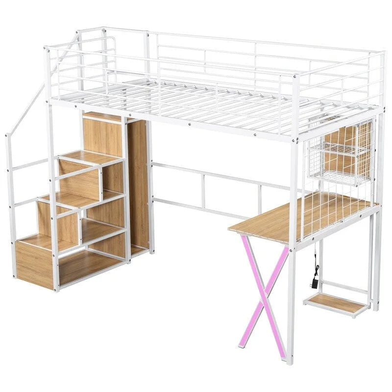 Lit mezzanine deux places/lit double avec bureau intégré, armoire et escalier de rangement, cadre de lit mezzanine en métal avec éclairage LED et grille métallique