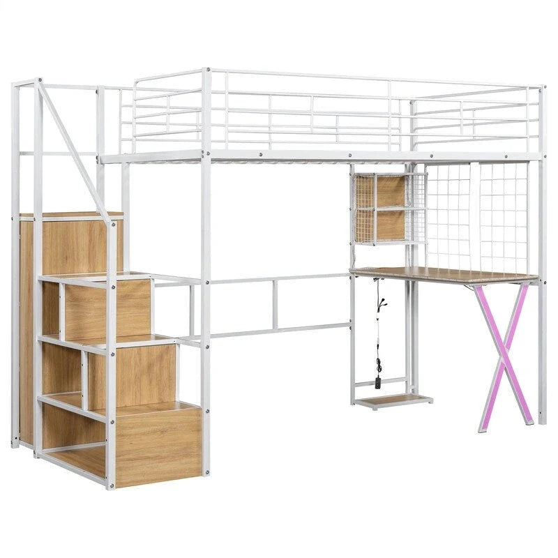 Lit mezzanine deux places/lit double avec bureau intégré, armoire et escalier de rangement, cadre de lit mezzanine en métal avec éclairage LED et grille métallique