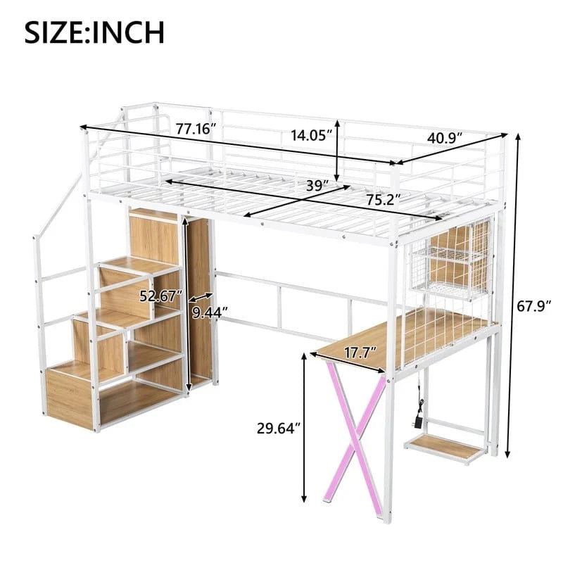Lit mezzanine deux places/lit double avec bureau intégré, armoire et escalier de rangement, cadre de lit mezzanine en métal avec éclairage LED et grille métallique