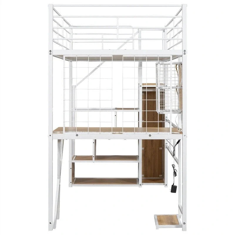 Lit mezzanine deux places/lit double avec bureau intégré, armoire et escalier de rangement, cadre de lit mezzanine en métal avec éclairage LED et grille métallique