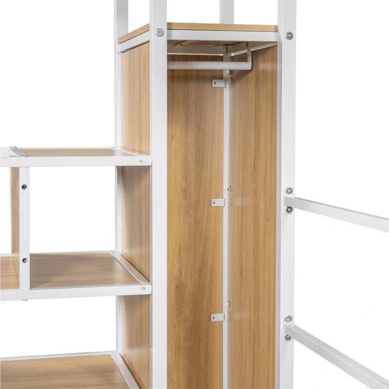 Lit mezzanine deux places/lit double avec bureau intégré, armoire et escalier de rangement, cadre de lit mezzanine en métal avec éclairage LED et grille métallique