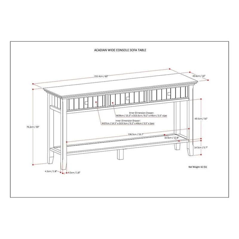 Übergangszeitlicher Konsolentisch aus Massivholz, 60 inch breit - 60 x 16 x 30