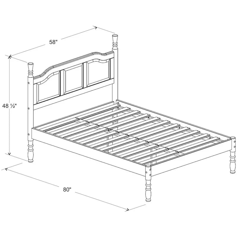 Cama queen elevada de madera maciza al 100 %, con plataforma, paneles en relieve y postes torneados