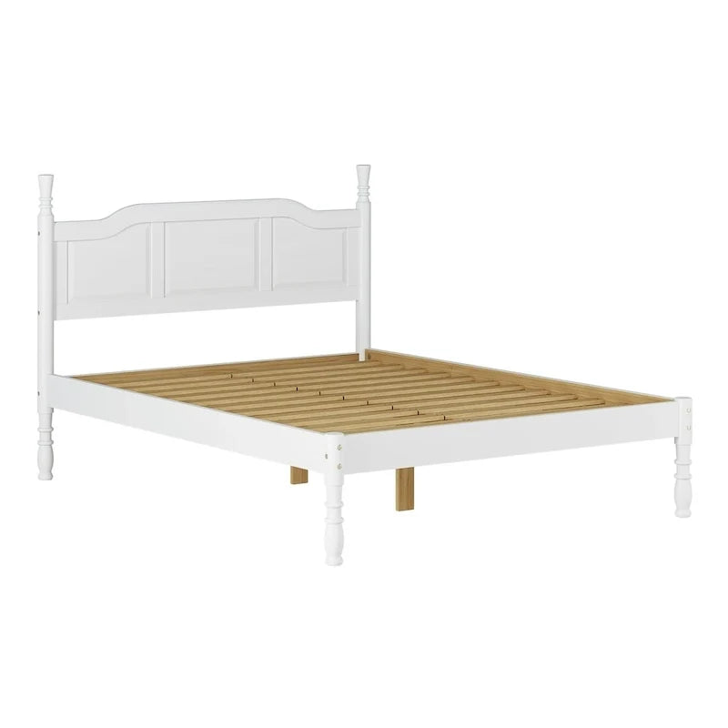 Cama queen elevada de madera maciza al 100 %, con plataforma, paneles en relieve y postes torneados