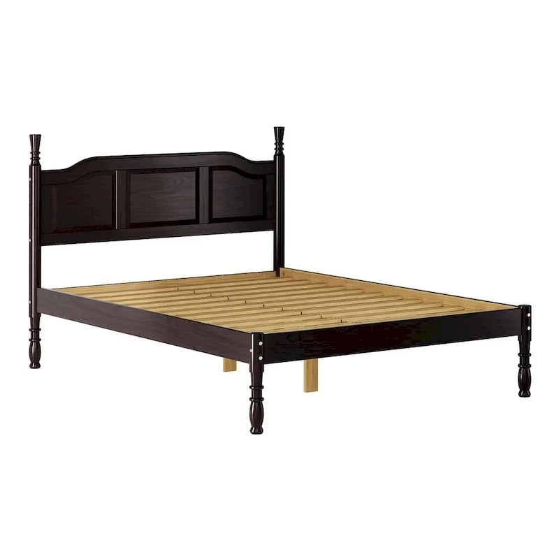 Queen-Bett mit erhöhtem Paneelrahmen aus 100% Massivholz und gedrechselten Pfosten