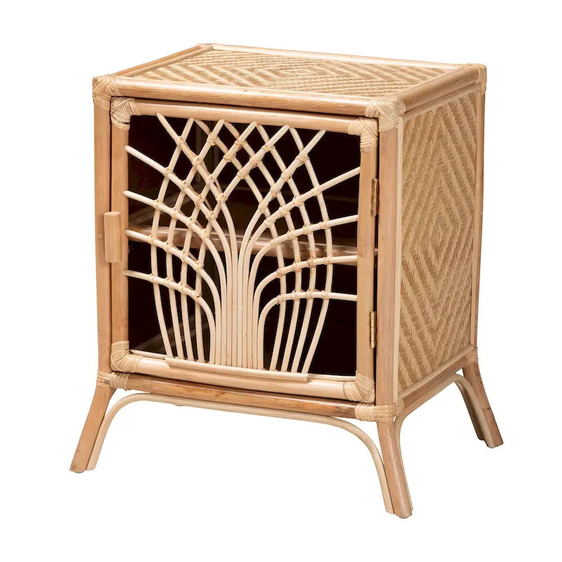 Mesita de noche moderna de estilo bohemio de ratán marrón natural