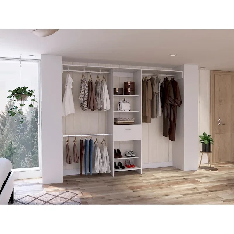 Closet System with Drawer, 3 Metal Rods, and 5 Open Shelves