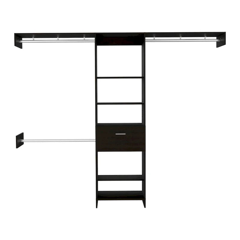 Closet System with Drawer, 3 Metal Rods, and 5 Open Shelves