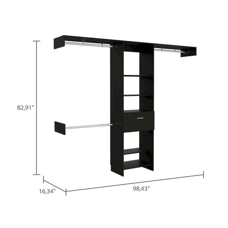 Closet System with Drawer, 3 Metal Rods, and 5 Open Shelves