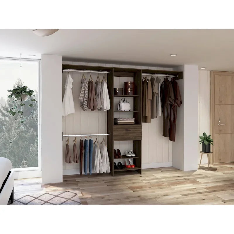 Closet System with Drawer, 3 Metal Rods, and 5 Open Shelves