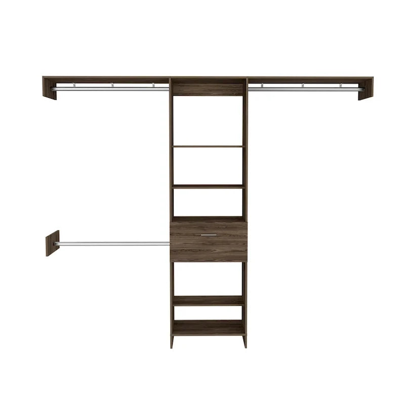 Closet System with Drawer, 3 Metal Rods, and 5 Open Shelves