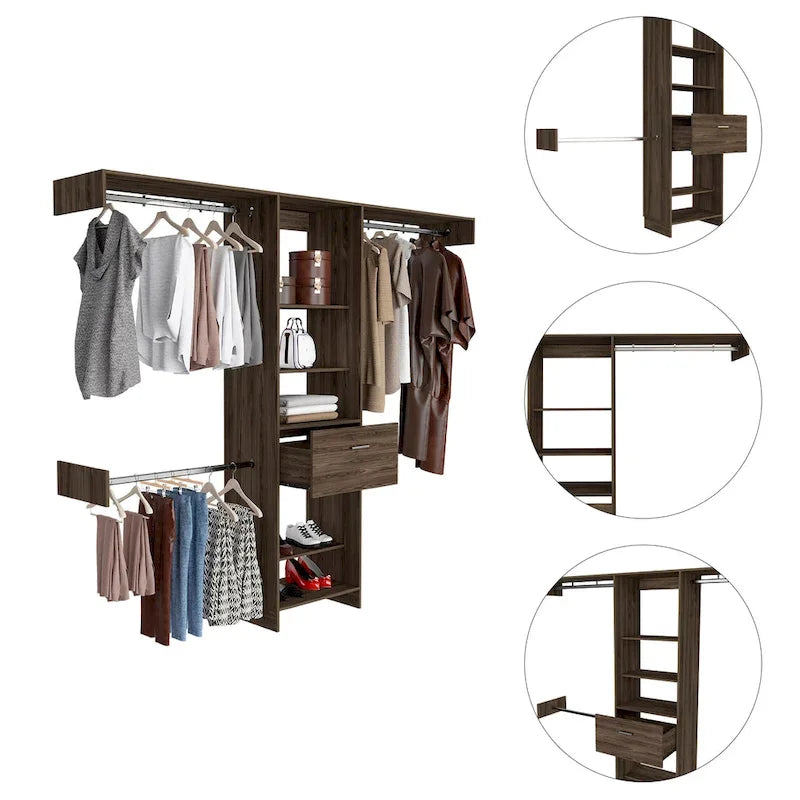 Closet System with Drawer, 3 Metal Rods, and 5 Open Shelves