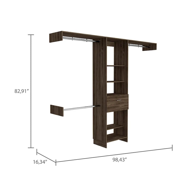 Closet System with Drawer, 3 Metal Rods, and 5 Open Shelves