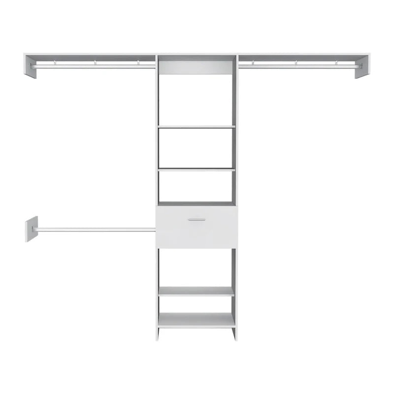 Closet System with Drawer, 3 Metal Rods, and 5 Open Shelves