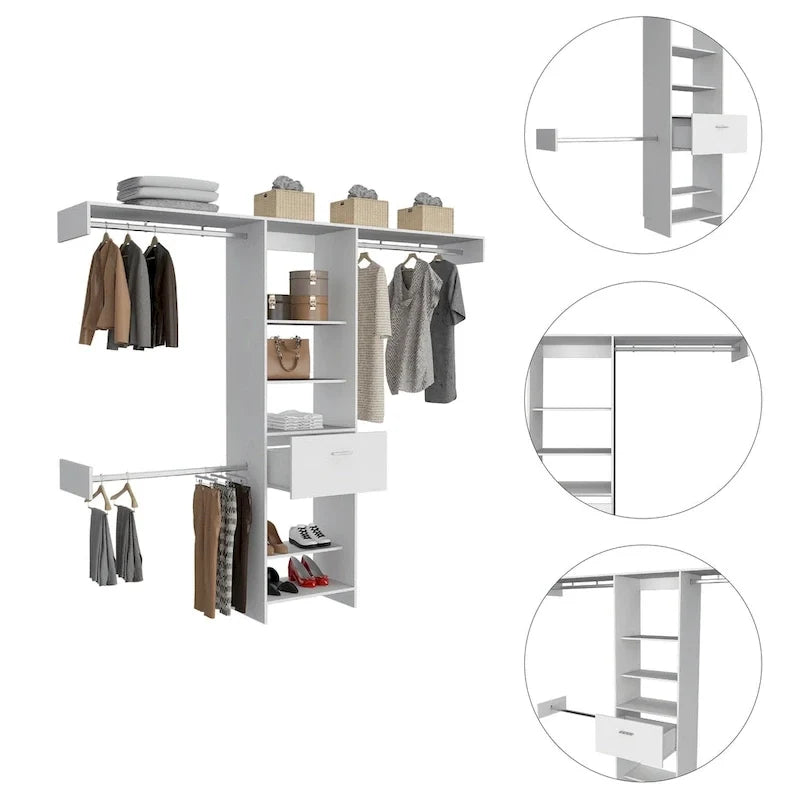 Closet System with Drawer, 3 Metal Rods, and 5 Open Shelves