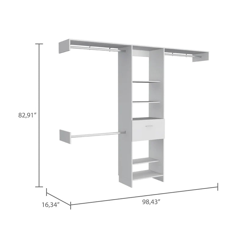 Closet System with Drawer, 3 Metal Rods, and 5 Open Shelves