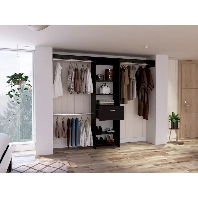 Closet System with Drawer, 3 Metal Rods, and 5 Open Shelves