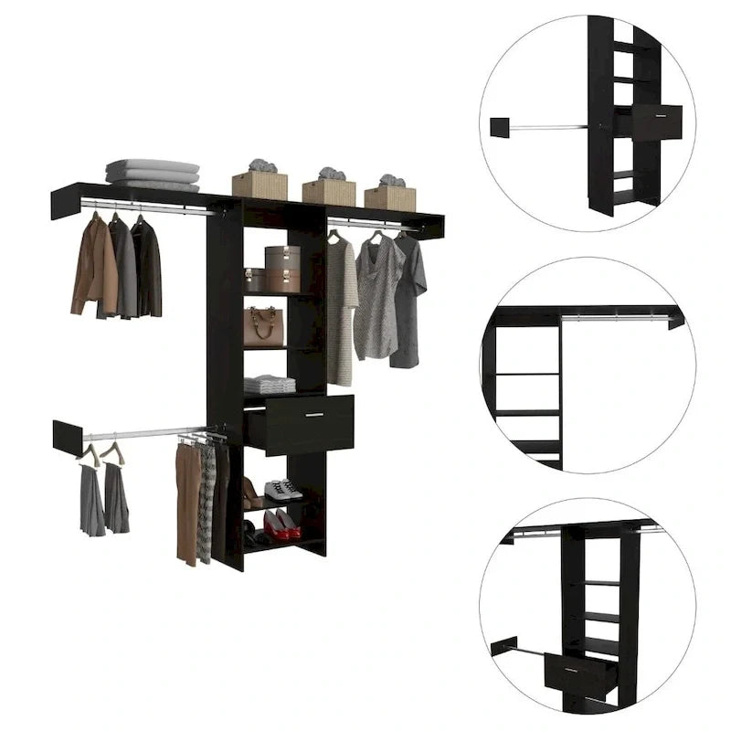 Closet System with Drawer, 3 Metal Rods, and 5 Open Shelves