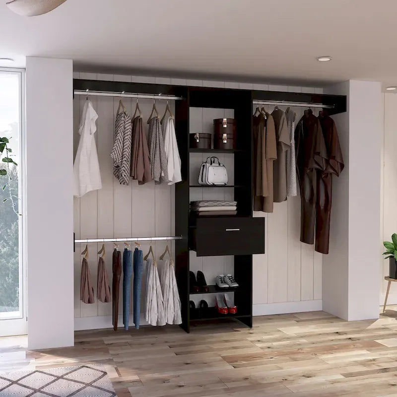 Closet System with Drawer, 3 Metal Rods, and 5 Open Shelves
