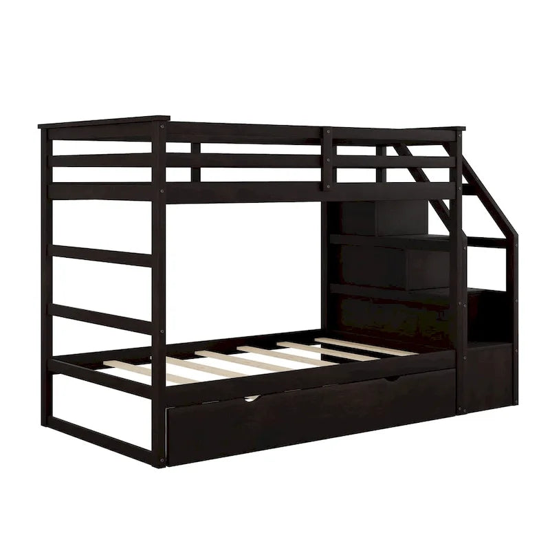 Litera de dos camas individuales con cama nido individual y 3 escalones de almacenaje, color espresso