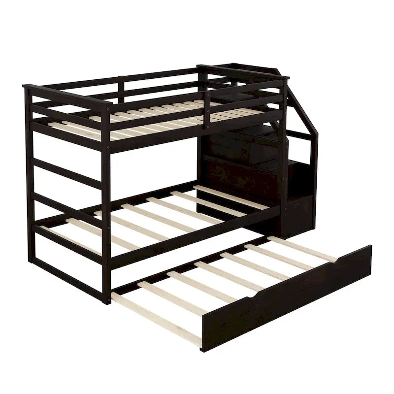 Litera de dos camas individuales con cama nido individual y 3 escalones de almacenaje, color espresso
