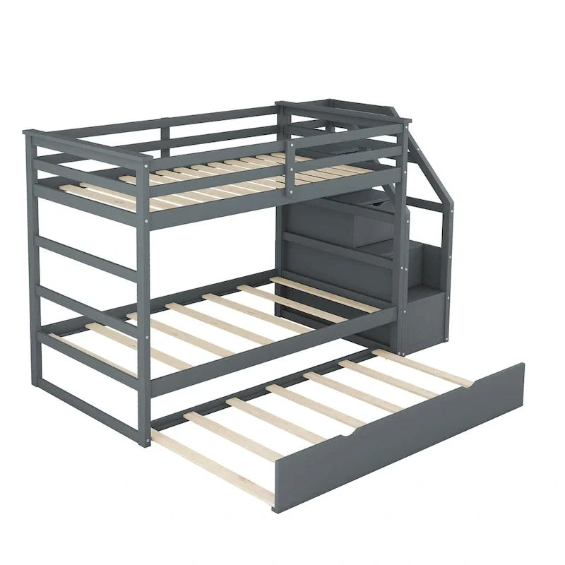 Twin-Over-Twin Bunk Bed with Twin Size Trundle and 3 Storage Stairs,Espresso