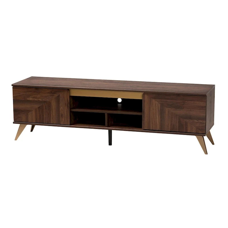 Meuble TV moderne de style transitionnel mi-siècle, en bois finition noyer brun, à 2 portes