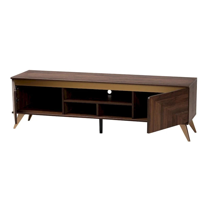 Mueble para TV de madera color nogal marrón, moderno de mediados de siglo y de transición, con 2 puertas