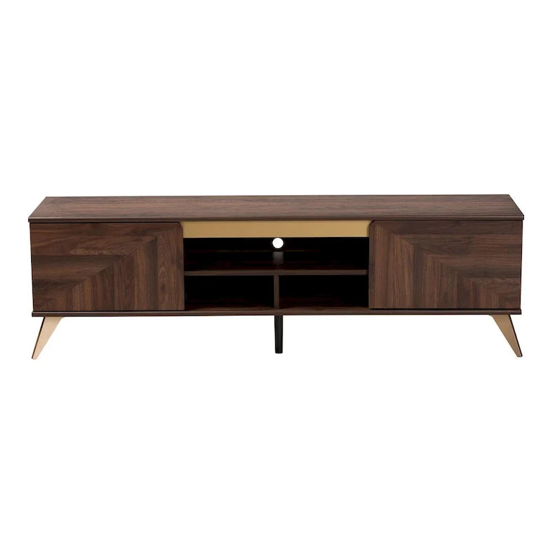 Meuble TV moderne de style transitionnel mi-siècle, en bois finition noyer brun, à 2 portes