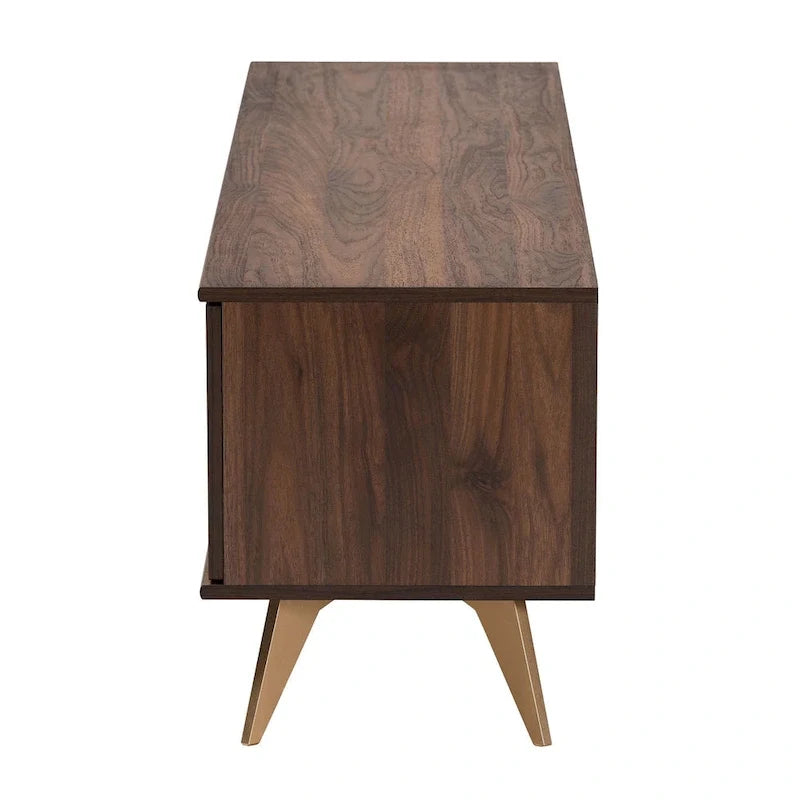 Mueble para TV de madera color nogal marrón, moderno de mediados de siglo y de transición, con 2 puertas