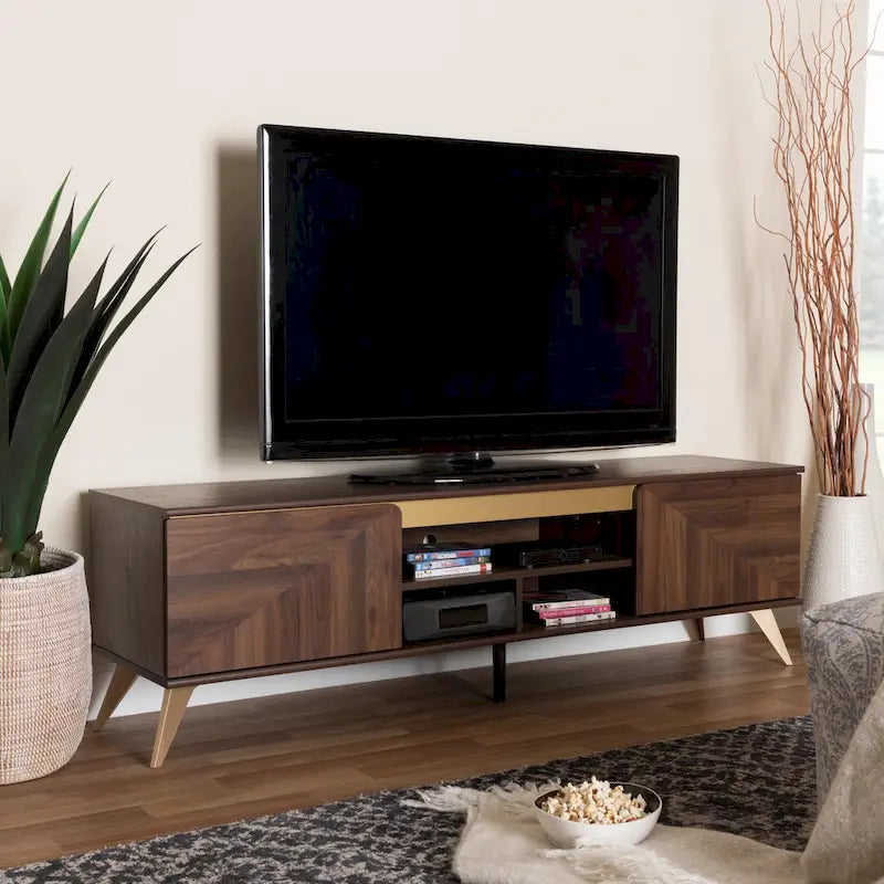Meuble TV moderne de style transitionnel mi-siècle, en bois finition noyer brun, à 2 portes