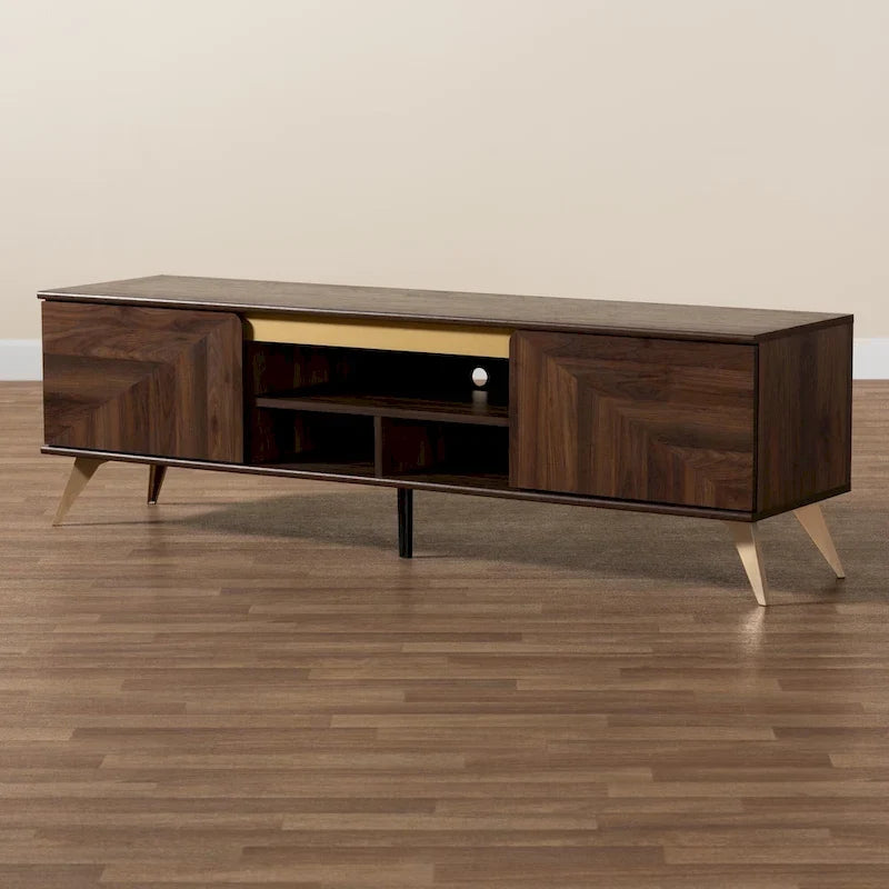 Meuble TV moderne de style transitionnel mi-siècle, en bois finition noyer brun, à 2 portes
