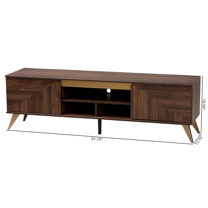 Meuble TV moderne de style transitionnel mi-siècle, en bois finition noyer brun, à 2 portes
