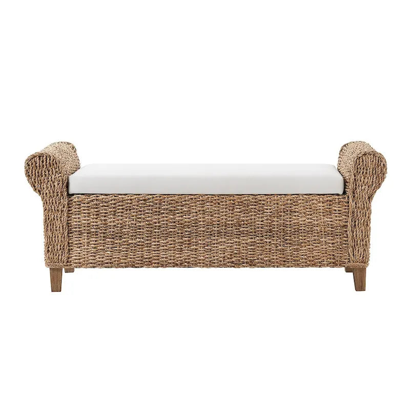 Boho Farmhouse Ratten Storage Bench with Hollow-Carved Designs