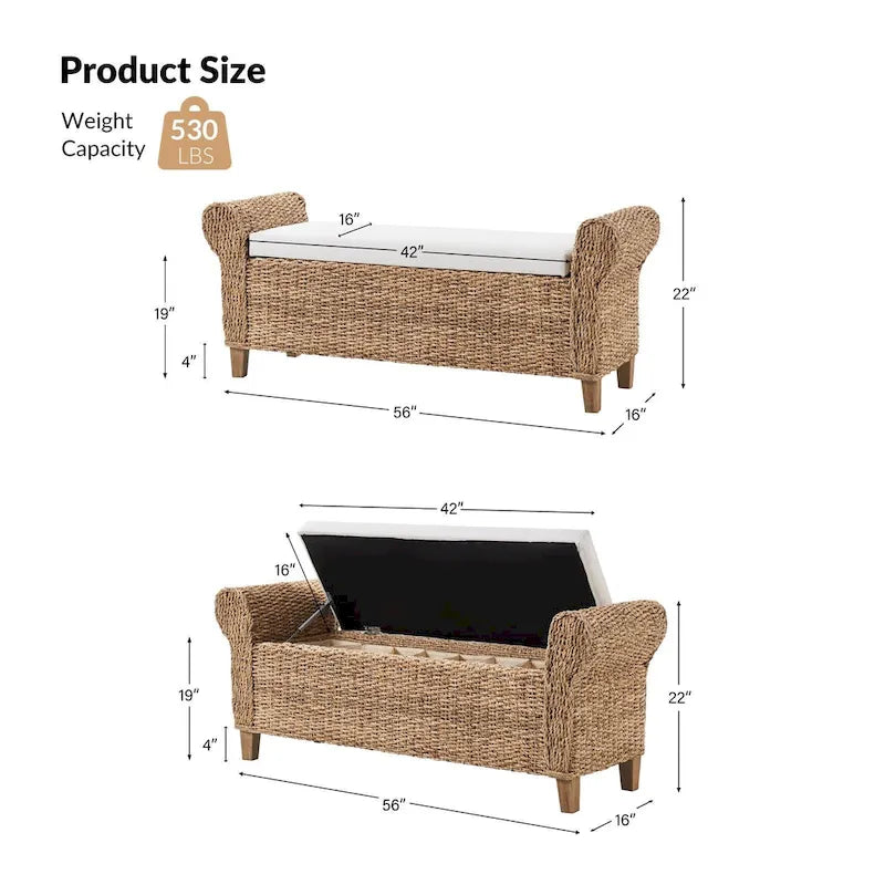 Boho Farmhouse Ratten Storage Bench with Hollow-Carved Designs