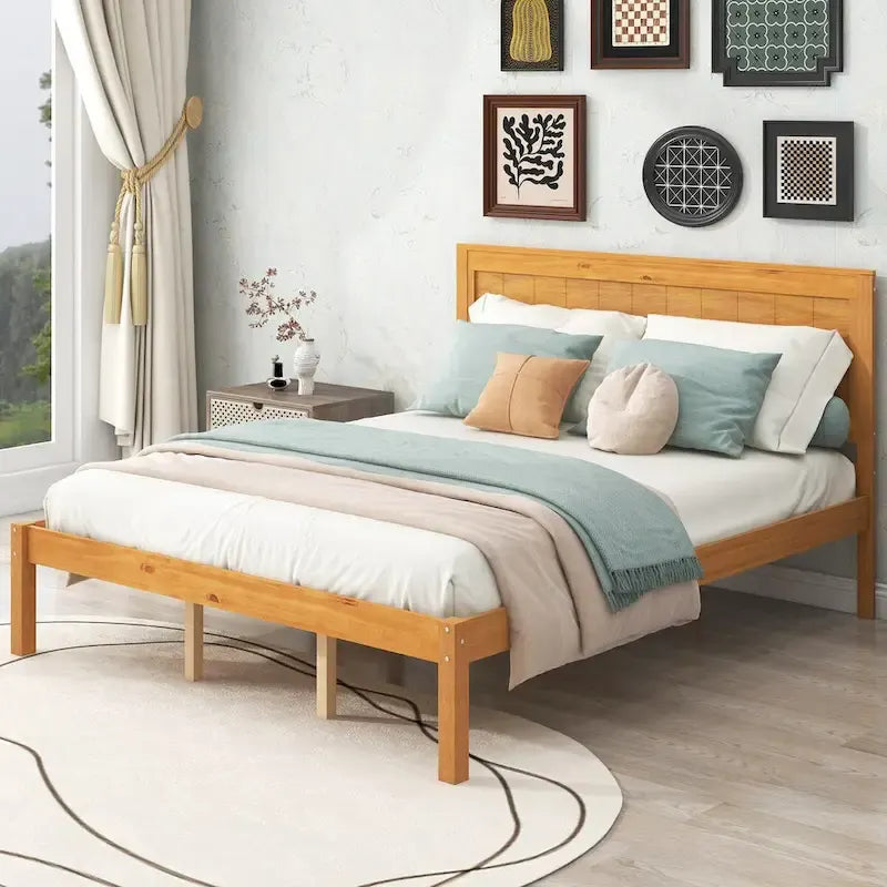 Estructura de cama tipo plataforma con cabecero y soporte de listones de madera