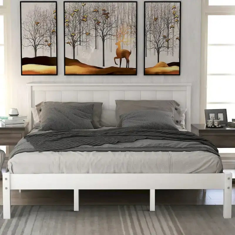 Estructura de cama tipo plataforma con cabecero y soporte de listones de madera