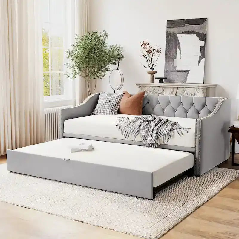 Diván tapizado tamaño twin con cama nido desplegable