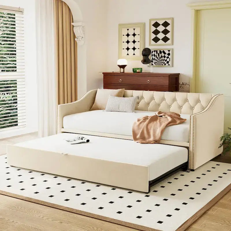 Diván tapizado tamaño twin con cama nido desplegable