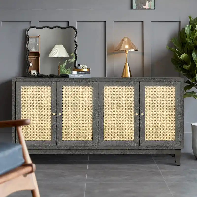 Handcrafted Premium Grain Panels Rattan Sideboard Buffet Cabinet with 4 Rattan Doors