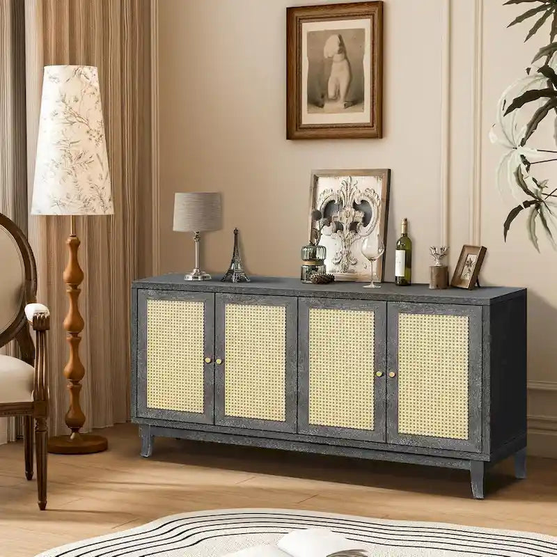 Handcrafted Premium Grain Panels Rattan Sideboard Buffet Cabinet with 4 Rattan Doors