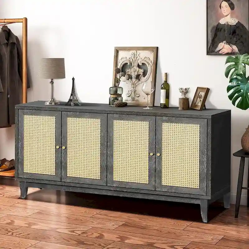 Handcrafted Premium Grain Panels Rattan Sideboard Buffet Cabinet with 4 Rattan Doors