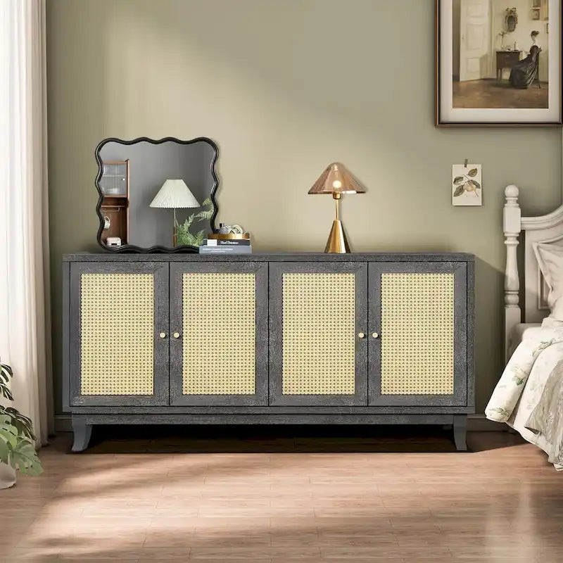 Handcrafted Premium Grain Panels Rattan Sideboard Buffet Cabinet with 4 Rattan Doors