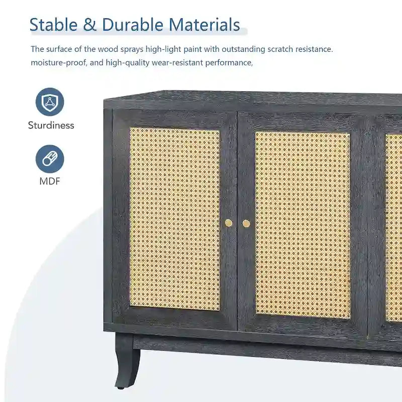 Handcrafted Premium Grain Panels Rattan Sideboard Buffet Cabinet with 4 Rattan Doors