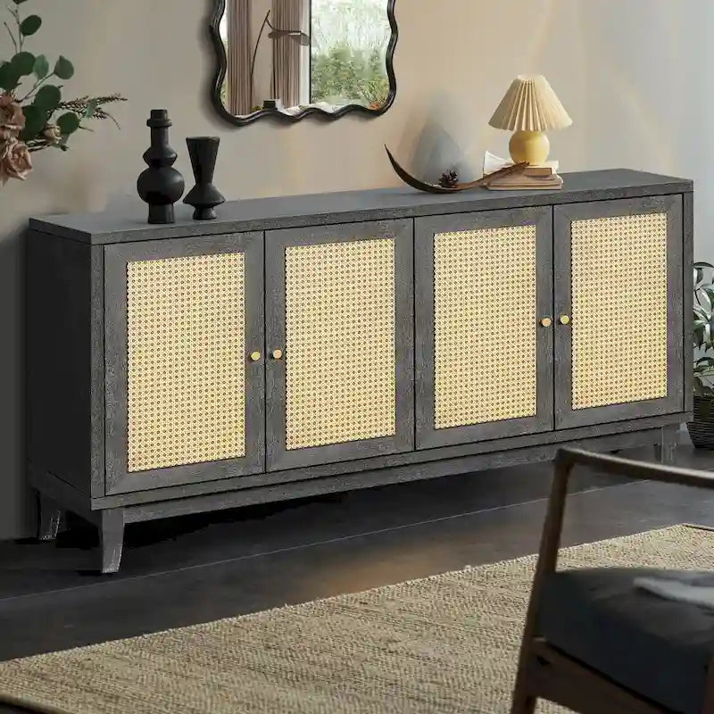 Handcrafted Premium Grain Panels Rattan Sideboard Buffet Cabinet with 4 Rattan Doors