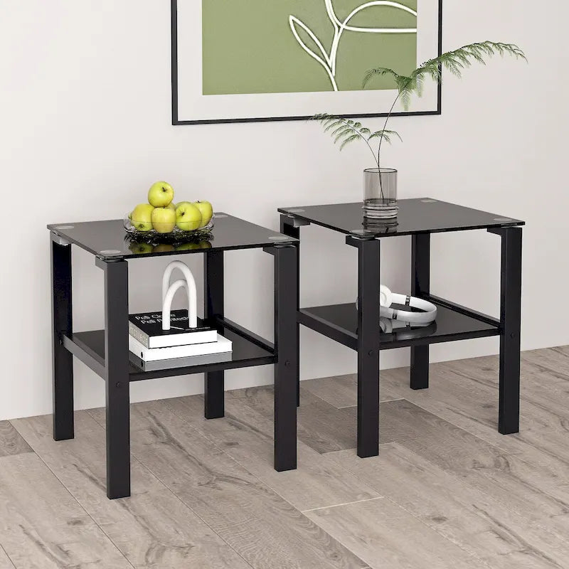 Juego de 2 mesas de té de vidrio de dos niveles, mesa redonda pequeña, mesa de rincón para dormitorio, mesa auxiliar para sala, negras